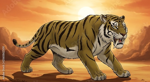 Illustration of a Smilodon Saber Toothed Tiger walking in a prehistoric landscape.