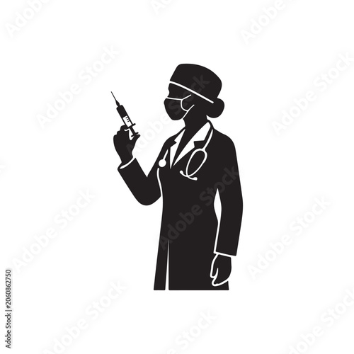 Female doctor silhouette wearing a medical mask and stethoscope holding a syringe isolated on a plain white background, for healthcare