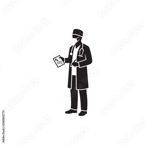 Male doctor silhouette wearing a medical mask and stethoscope holding a prescription pad isolated on a plain white background