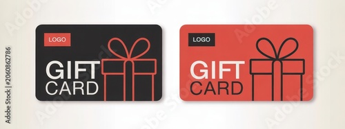 Two gift card templates with black and red backgrounds featuring a simple gift box line voucher
