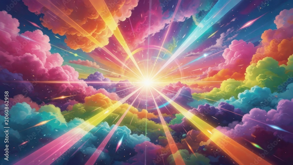 Fototapeta premium Radiant sunburst breaking through multicolored cloud layers