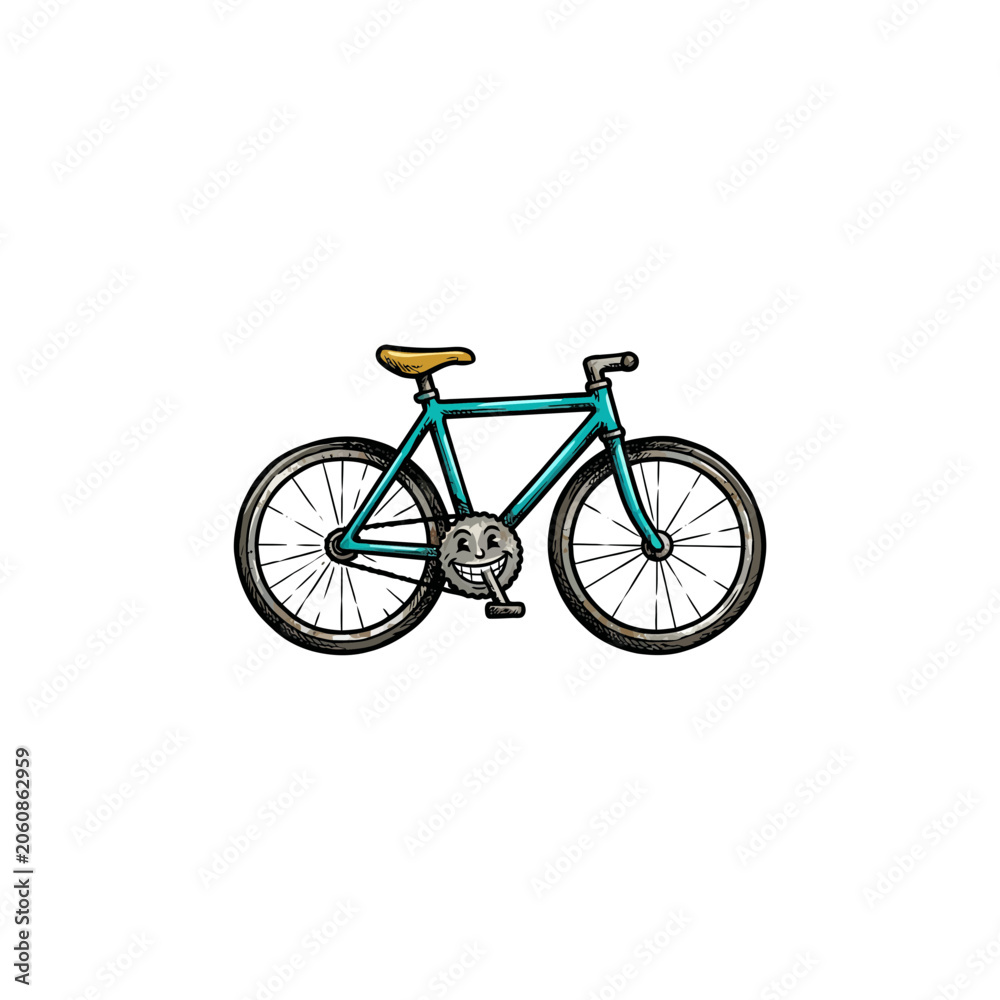 Fototapeta premium Teal Retro Fixie Bike With Smiling Cartoon Sprocket Mascot, Hand Drawn Bold Outline, Playful Gear Character For Children'S Apparel Or Fun Cycling Promotions Vector Illustration