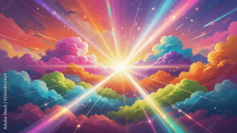 Fototapeta premium Radiant sunbeams spreading through multicolored cloud layers sky
