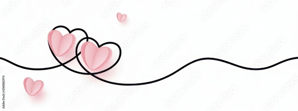 Fototapeta premium Two intertwined pink paper hearts with a continuous black line on a plain white background