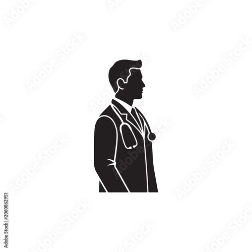 Profile silhouette of a male doctor wearing a lab coat and a stethoscope, isolated on a white background, for medical branding or