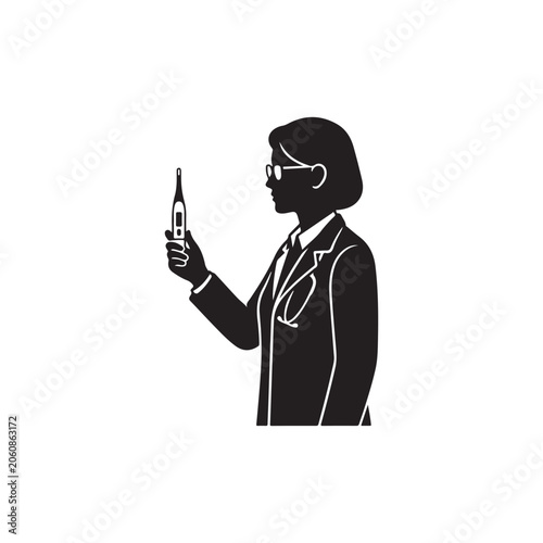 Silhouette of a female doctor wearing a lab coat and stethoscope holding a digital thermometer isolated on a white background