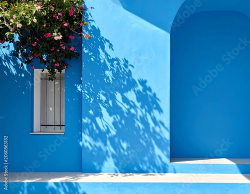 Vibrant blue mediterranean wall with floral window and leafy shadows