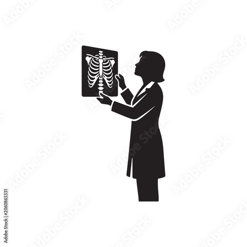 Silhouette of a female doctor wearing a lab coat holding and reviewing an x-ray isolated on a white background medical