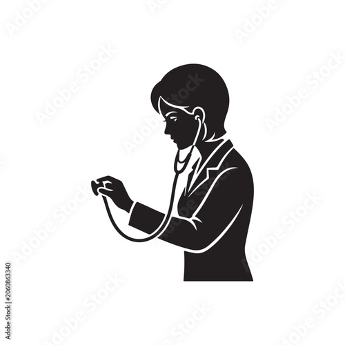 Silhouette of a female doctor wearing a lab coat and using a stethoscope isolated on a white background, for medical health concepts