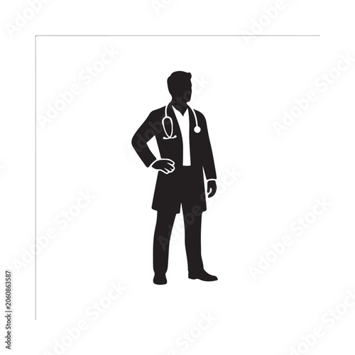 Silhouette of a male doctor wearing a stethoscope around his neck, standing with one hand on hip, isolated on a white background