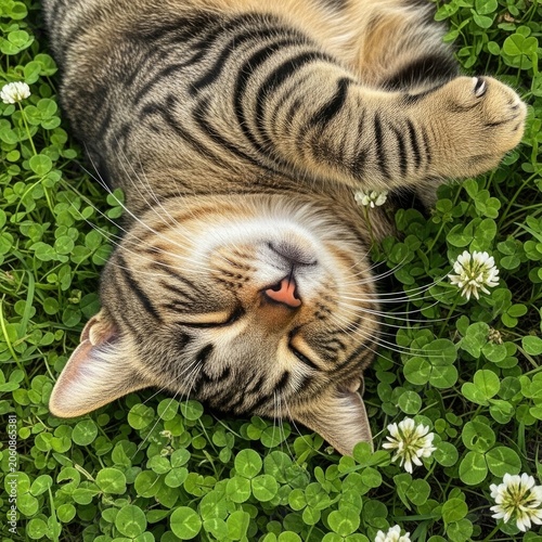 Relaxing tabby cat lying on green grass with white clover flowers peaceful feline