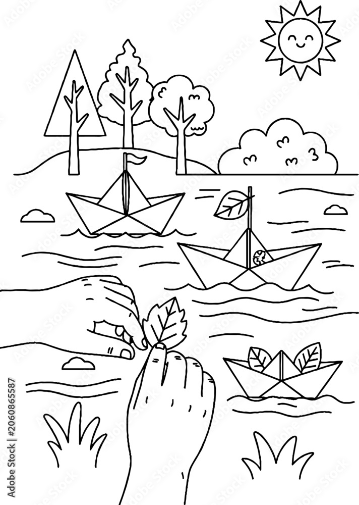 Fototapeta premium Handmade Paper Boats Floating in Nature Scene Illustration.