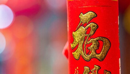Close-up of a Red Chinese New Year Decoration with Gold Lettering.