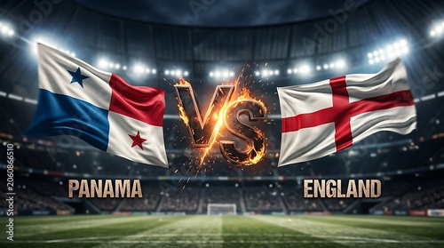 Panama VS England football match. A dramatic 3D render of national flags competing in a packed stadium under bright lights.