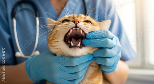 Veterinarian examining a ginger cats mouth during a checkup with a stethoscope