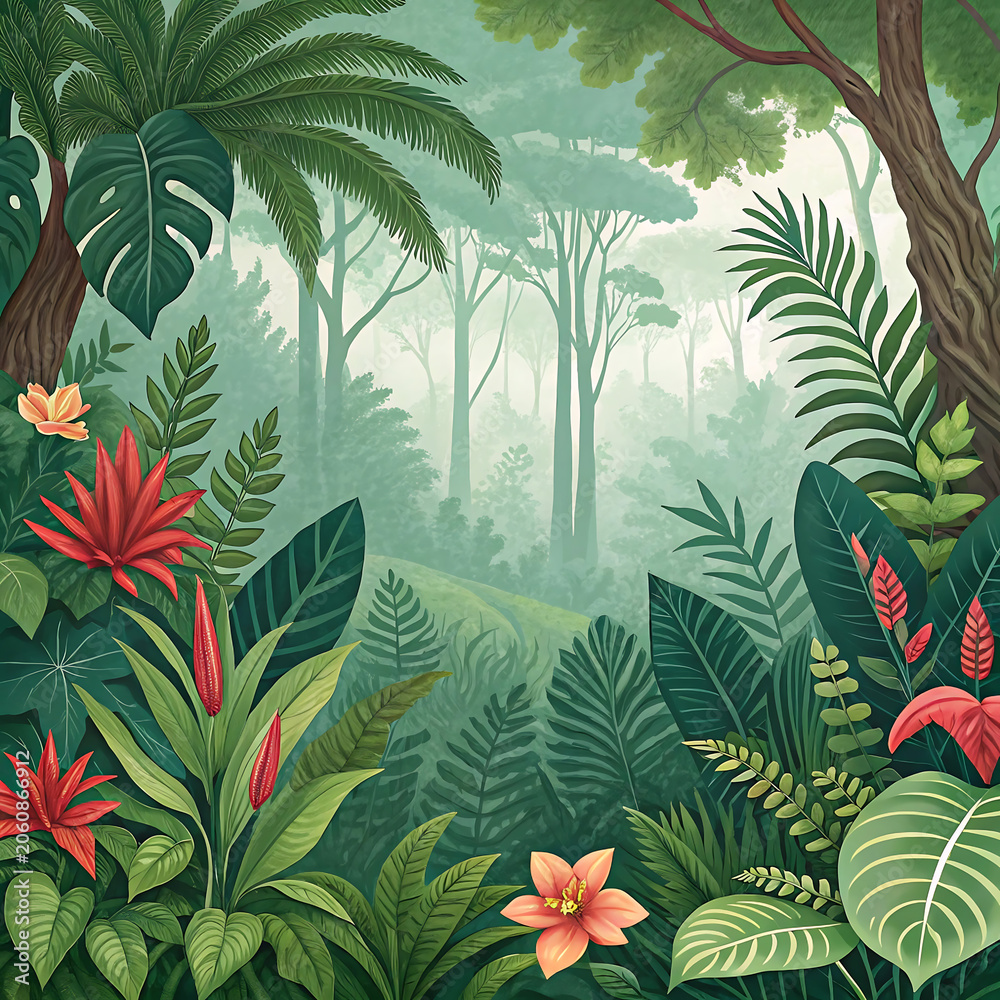 Fototapeta premium Tropical rainforest landscape with lush greenery and vibrant flowers