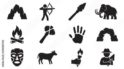 Prehistoric, ancient, primitive icons, tribal symbols, 10 black silhouette graphics