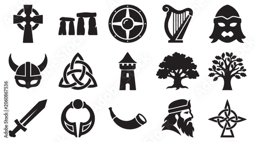 Celtic, Viking, Irish, symbols, icons, set of 13, black, vector graphics