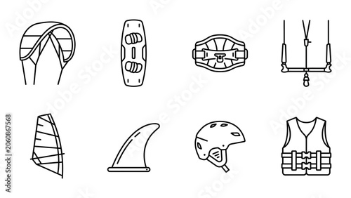 Bild auf Leinwand Kitesurfing Equipment Icons Set, Windsurfing Gear Vector Graphics, Water Sports