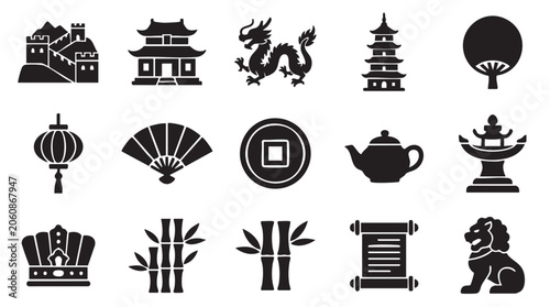 Asian icons, Chinese symbols, cultural vector graphics, 13 black and white illustrations