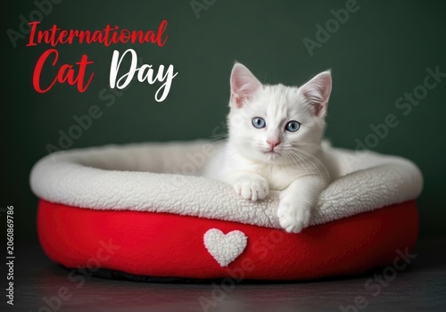 Adorable white kitten resting in a red pet bed with international cat day text
