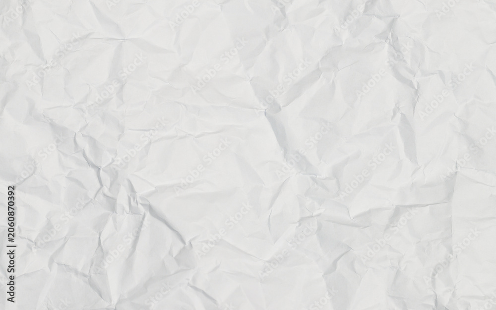 Fototapeta premium White crumpled paper texture background. Abstract wrinkled pattern of blank document page sheet with creases, folds, and shadows. Perfect for overlay design, backdrop, or minimalist concept.