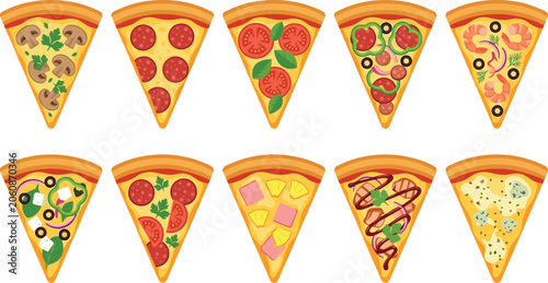 Different Pizza Slices With Various Gourmet Toppings Vector Illustration Set Isolated