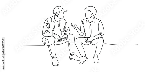Photography Two young men talking and sitting together line art drawing