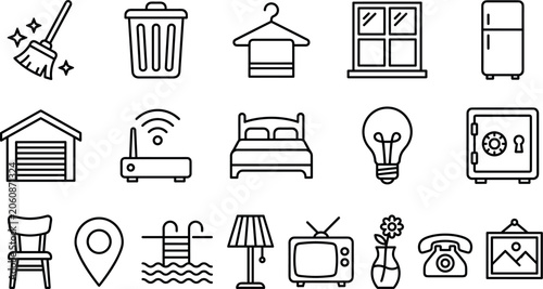 Hotel amenities and home furniture line icon set for house rental services vector illustration