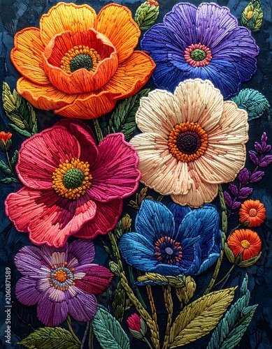 Vibrant embroidered floral composition with textured petals and foliage