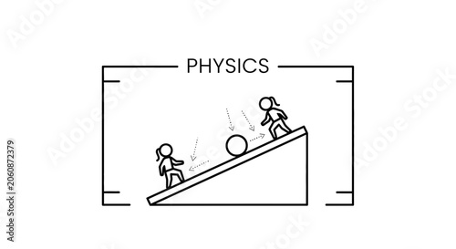 Physics Education: Kids Pushing Ball Up Ramp, Science Concept Illustration