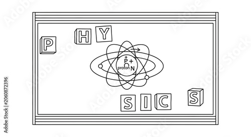 Physics education, atom model, science and learning concept on blackboard