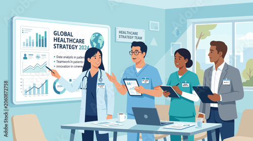Healthcare team discussing global strategy near interactive white board