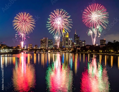 Vibrant fireworks display over city skyline reflected in water at night