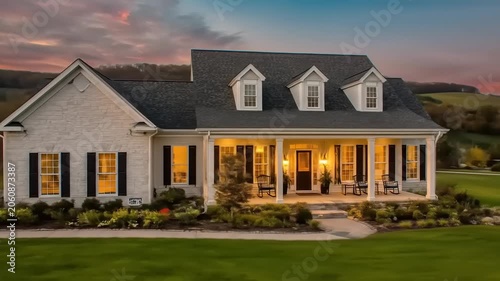 Elegant house exterior with sunset sky and lush green lawn
