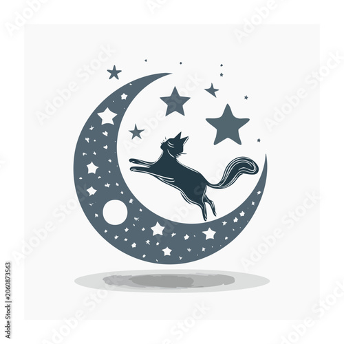 Black cat silhouette on crescent moon with stars