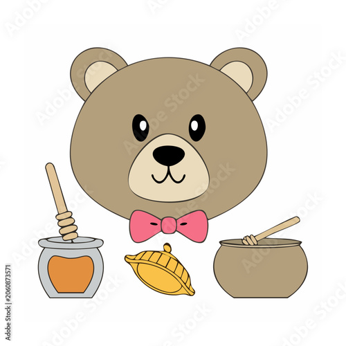 Cartoon Bear with Bow Tie and Honey Items
