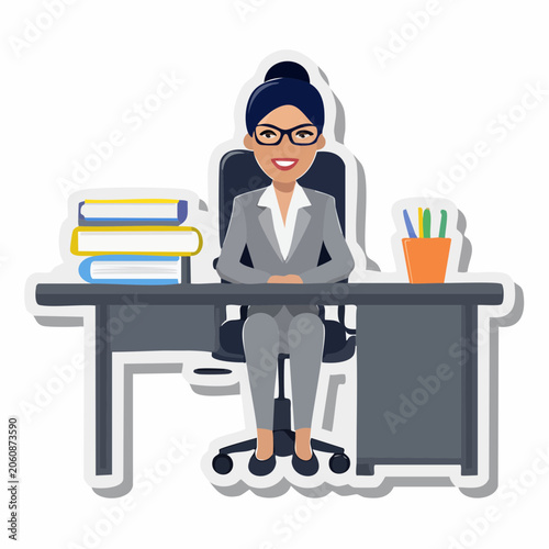 Businesswoman sitting at her desk with books and pens