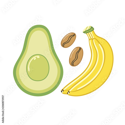 Flat illustration of avocado banana and coffee beans