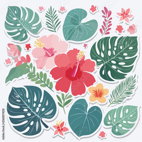 Tropical Flowers and Leaves Illustration