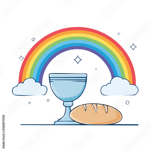 Communion elements with rainbow and clouds