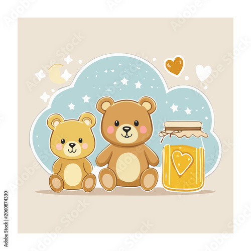 Cute cartoon teddy bears with honey jar illustration