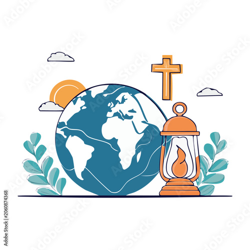 Earth with lantern, cross, sun and clouds
