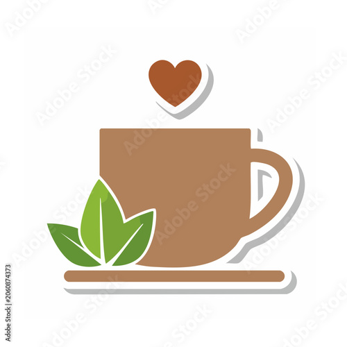 Flat design coffee cup icon with heart and leaf