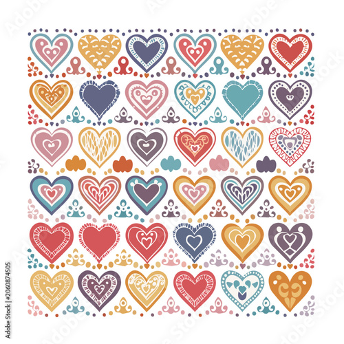 Folk art pattern of colorful hearts and clouds