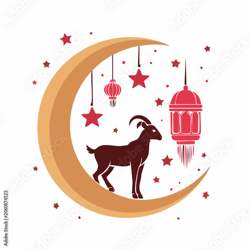 Goat on Crescent Moon with Lanterns and Stars