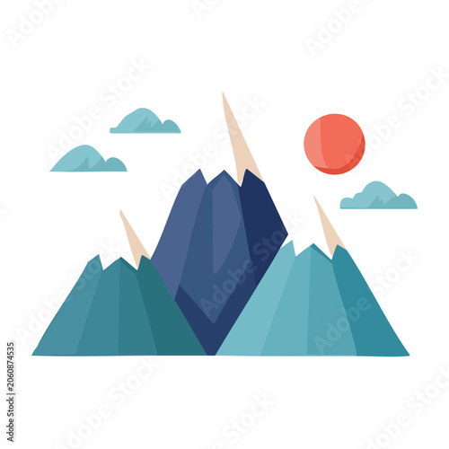 Geometric mountain landscape with sun and clouds