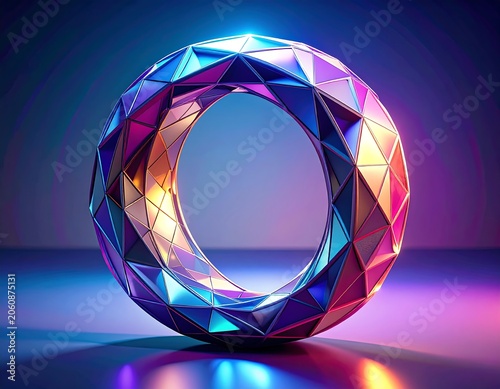 Vibrant geometric ring with faceted crystal surface and neon lighting