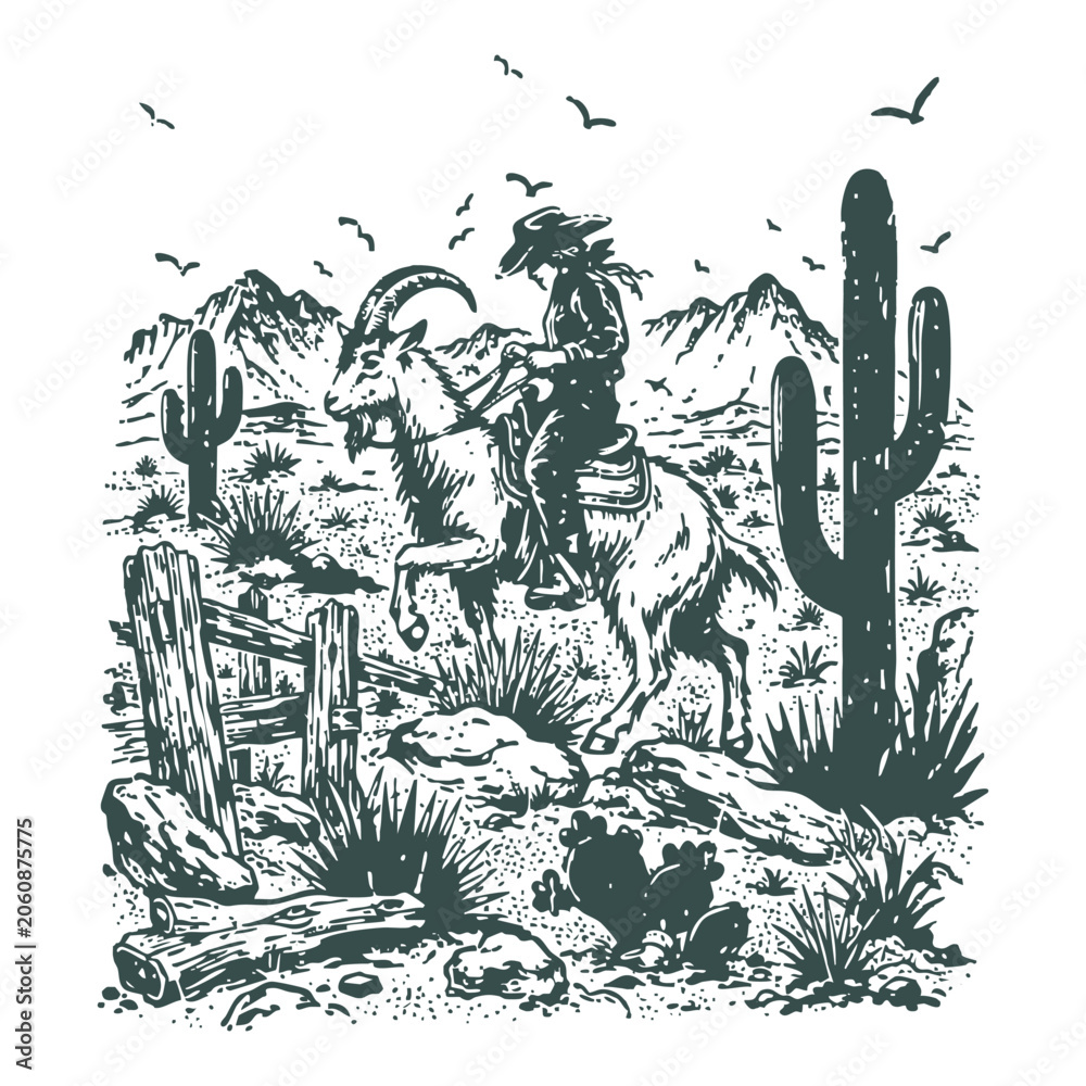 Fototapeta premium Vintage Cowboy Riding a Billy Goat Illustration in Wild West Desert Mountain Landscape with Cactus