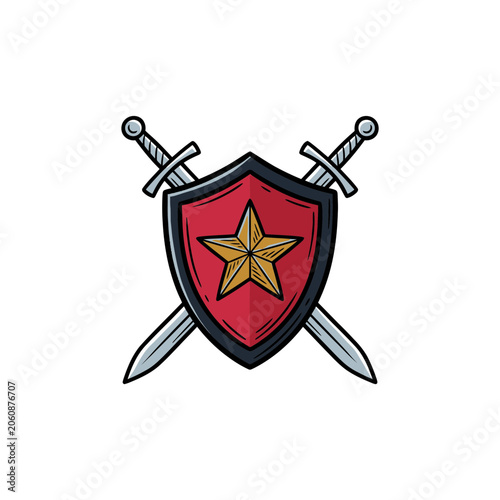 Foto Medieval Red Shield With Golden Star And Two Crossed Silver Swords Forming A Cla